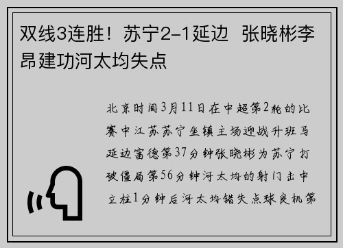 双线3连胜!苏宁2-1延边 张晓彬李昂建功河太均失点