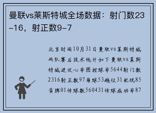 曼联vs莱斯特城全场数据：射门数23-16，射正数9-7